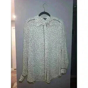 Who What Wear White Sheer Black Polka dot Blouse Button Up Large Long Sleeve EUC